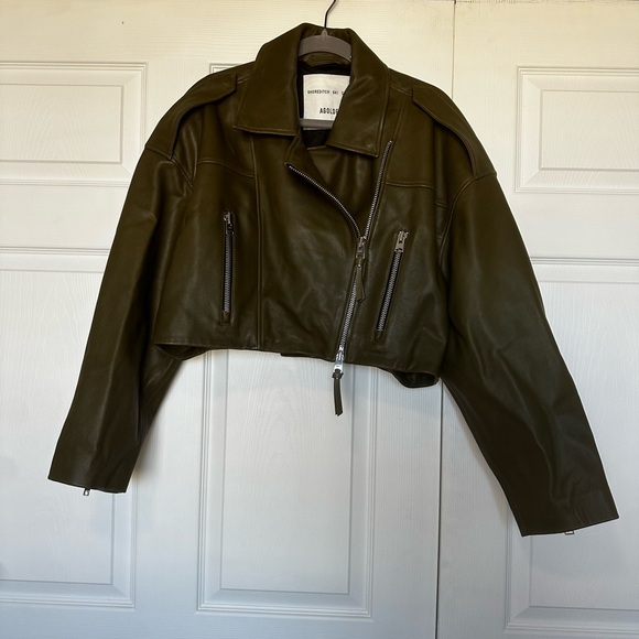 AGOLDE x SHOREDITCH SKI CLUB Cropped Leather Biker Jacket Remi Moto Olive Green - Picture 3 of 5